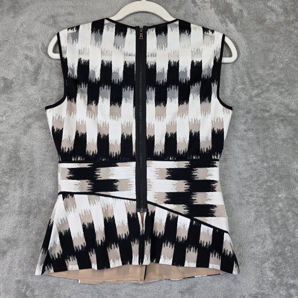 BCBGMAXAZRIA Blouse Womens S Black White Geometric Asymmetrical Peplum Top Lined - Picture 2 of 11